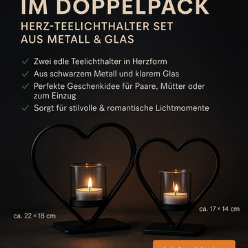 Romantik im Doppelpack – Herz-Teelichthalter Set aus Metall & Glas
