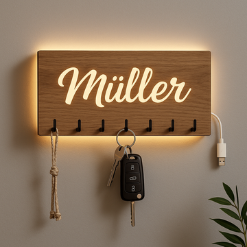 Modernes Zuhause trifft auf Funktionalität – Entdecke unser personalisiertes LED-Schlüsselbrett aus Holz