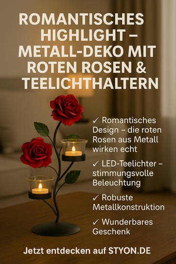 Romantisches Highlight – Metall-Deko mit roten Rosen & Teelichthaltern