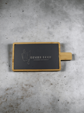 Bambus Servierbrett, Naturschiefer, BESTER KOCH Gravur, 32x19cm - Styon