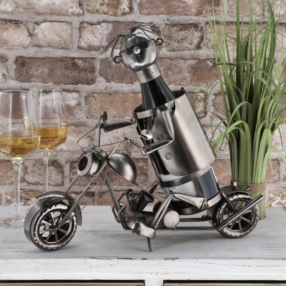 Moderner Wein Flaschenhalter Motorrad mit Paar aus Metall in silber Höhe 23  cm Breite 36 cm