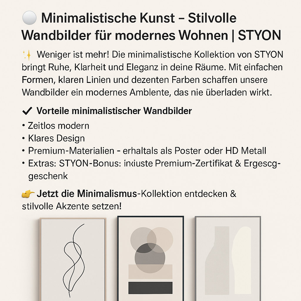 ⚪ Minimalistische Kunst – Stilvolle Wandbilder für modernes Wohnen | STYON