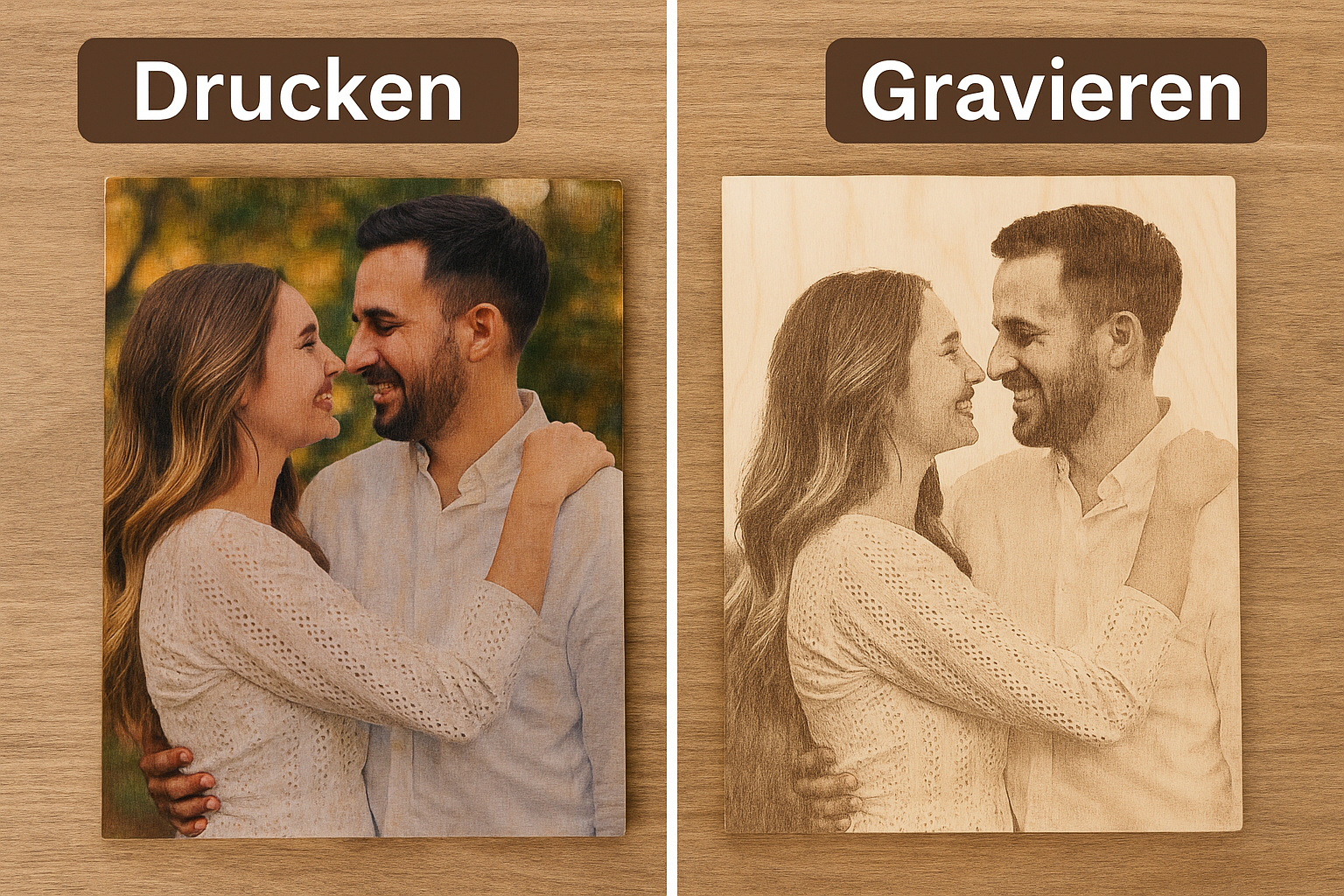 Foto auf Holz: Drucken oder Gravieren? Unterschiede & Pflege