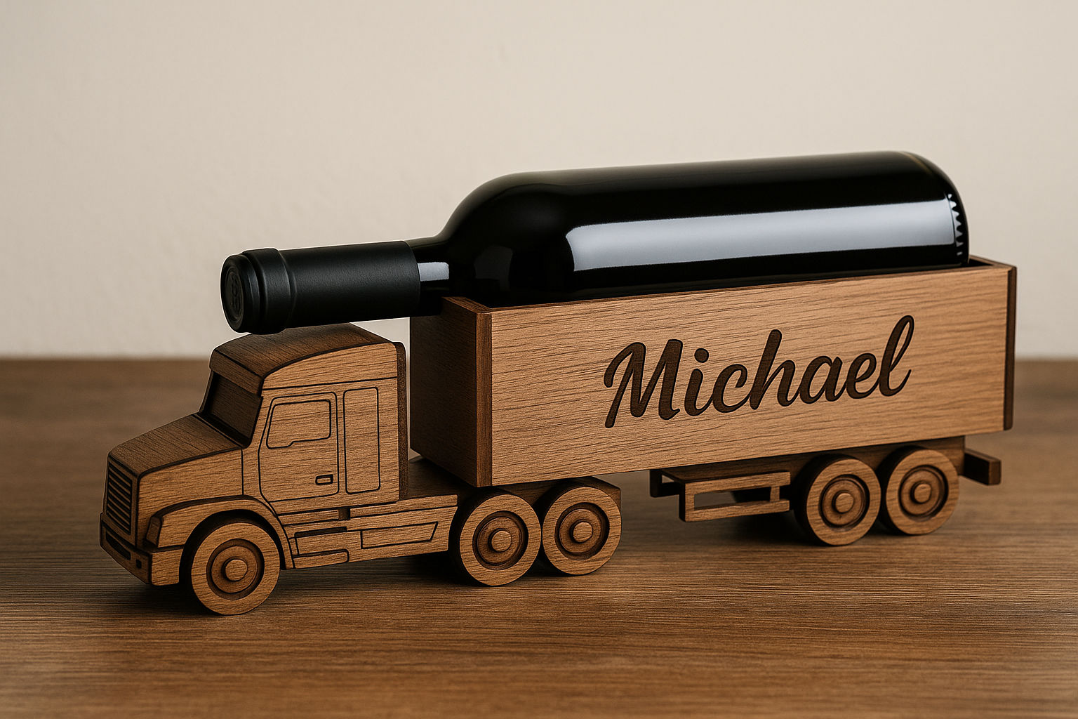Edles Geschenk für Männer: Personalisierter Holz-Flaschenhalter im LKW-Design