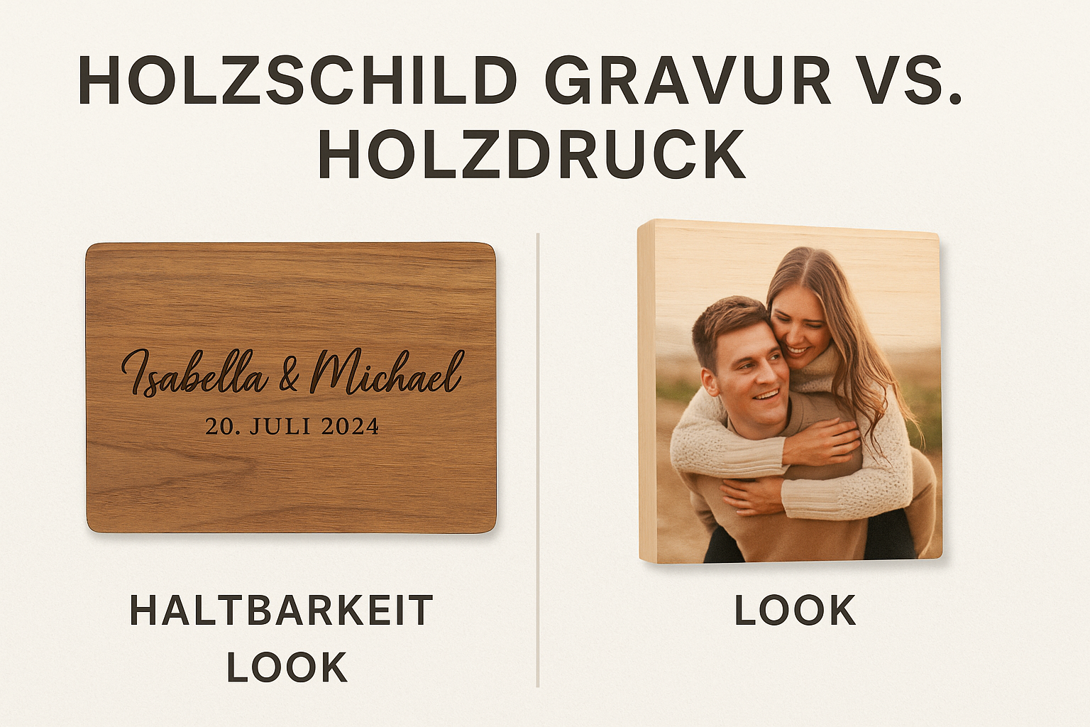 Personalisiertes Holzschild vs. Holzdruck: Haltbarkeit, Look & Preis