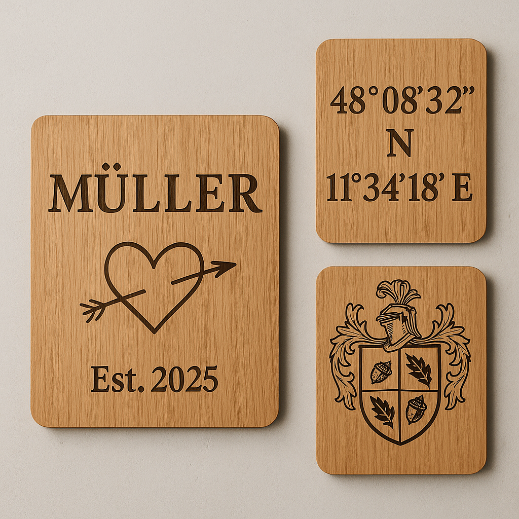 Wanddeko aus Holz personalisiert: Namen, Koordinaten & Familienwappen