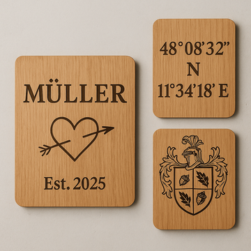 Wanddeko aus Holz personalisiert: Namen, Koordinaten & Familienwappen