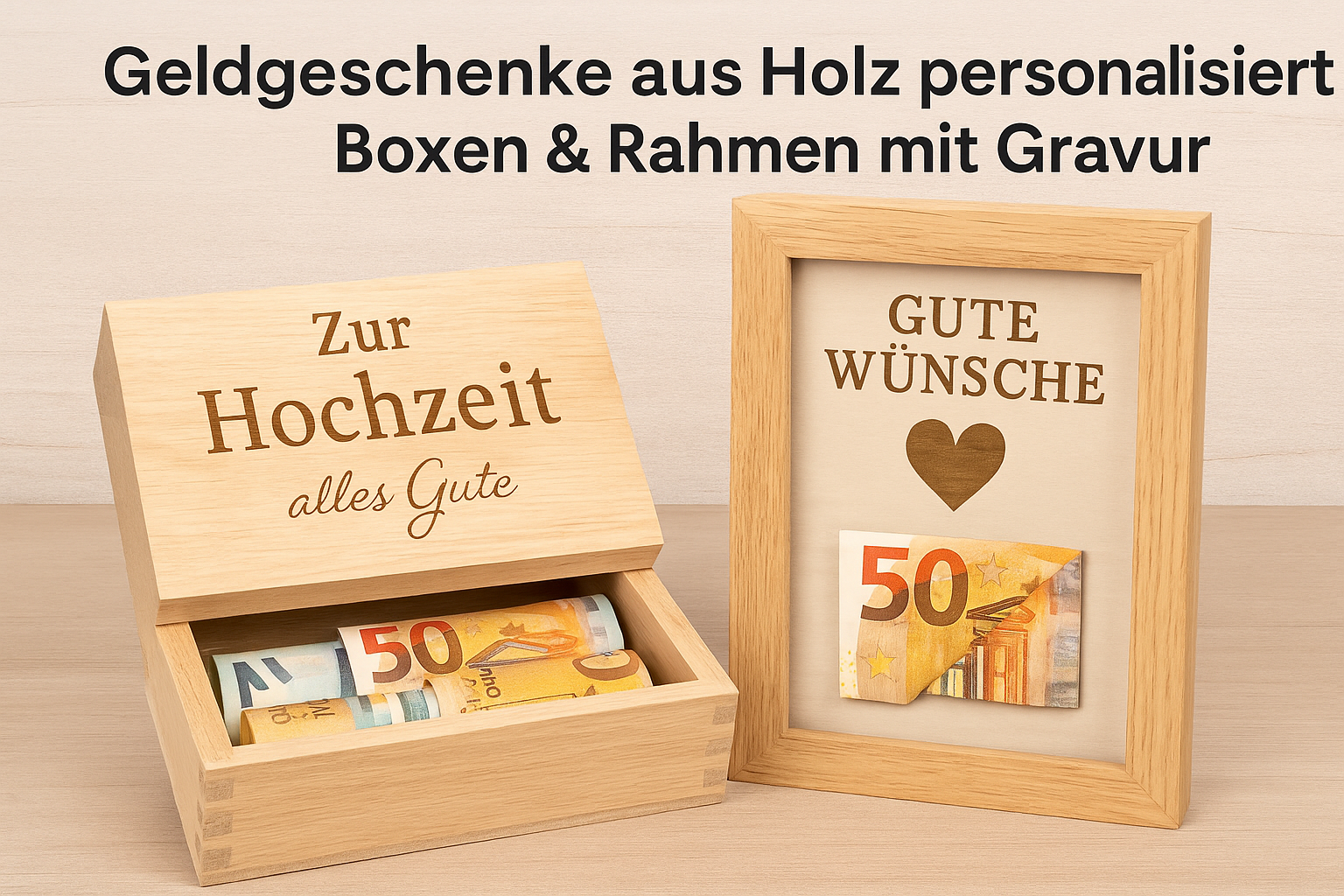 Geldgeschenke aus Holz personalisiert: Boxen & Rahmen mit Gravur