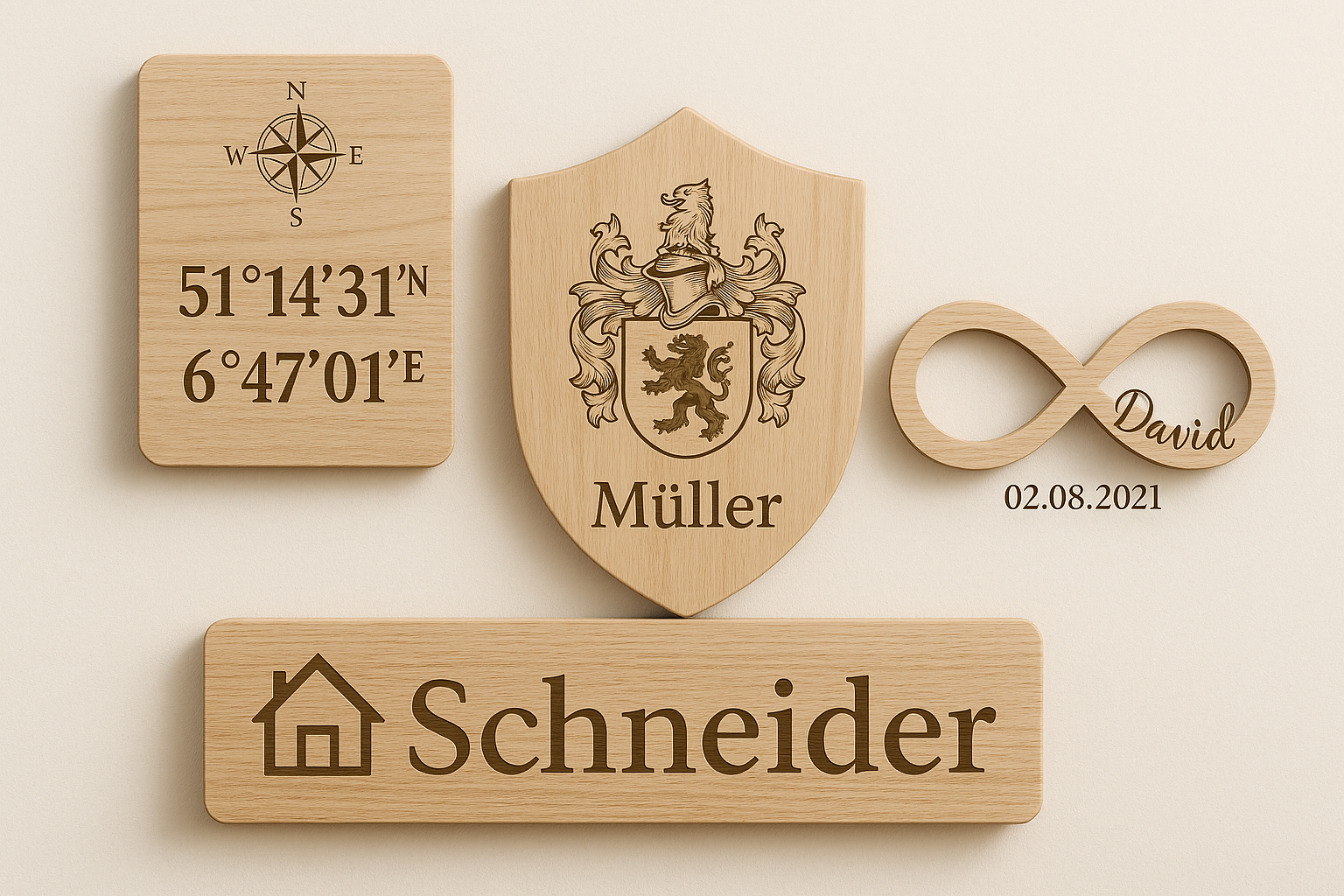 Wanddeko aus Holz personalisiert: Namen, Koordinaten & Familienwappen