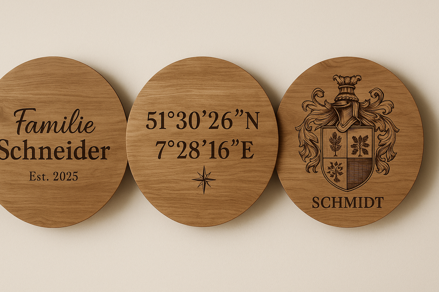 Wanddeko aus Holz personalisiert: Namen, Koordinaten & Familienwappen