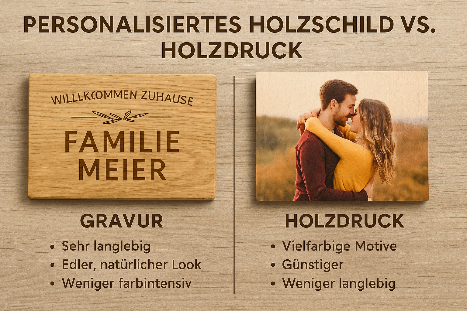 Personalisiertes Holzschild vs. Holzdruck: Haltbarkeit, Look, Preis