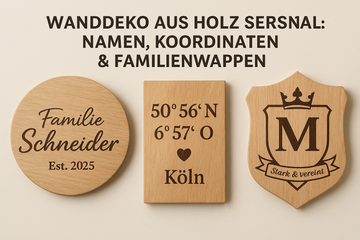 Wanddeko aus Holz personalisiert: Namen, Koordinaten & Familienwappen