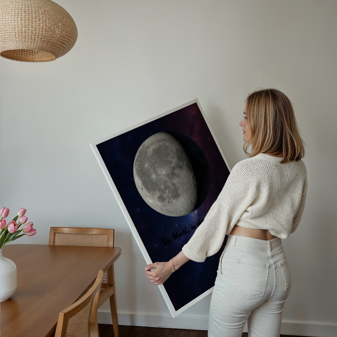 Personalisierte Mondphasen Leinwand mit Paar-Silhouette auf Nacht-Himmel
