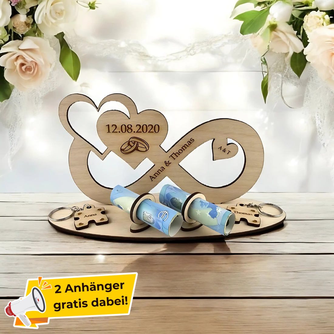 Personalisiertes Unendlichkeitszeichen aus Birkenholz mit Gravur von Namen und Datum, 2 gratis personalisierte Anhänger als Bonus, dekoriert für Hochzeit oder Jubiläum