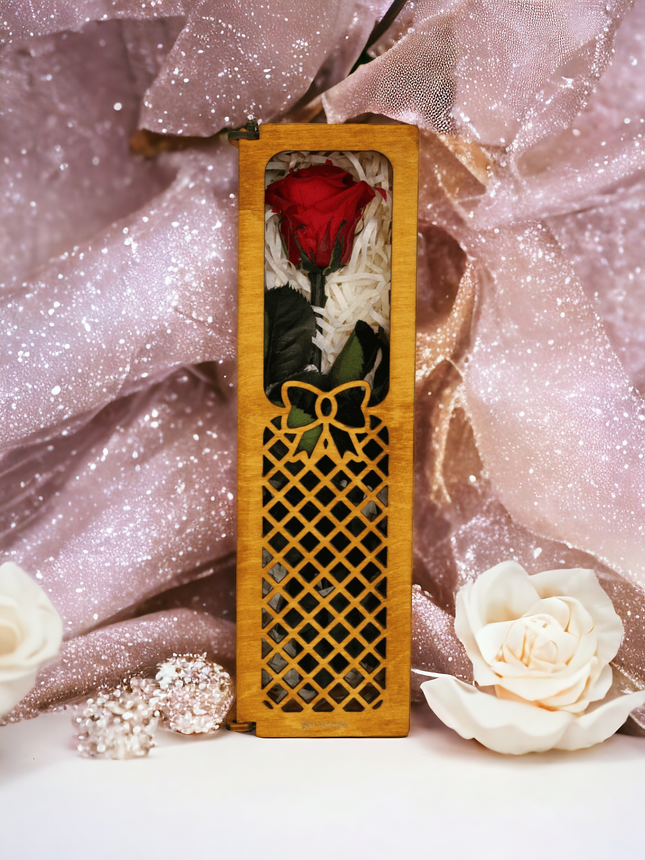 Trandafir etern în cutie de lemn cu laser Immortal Love Teak