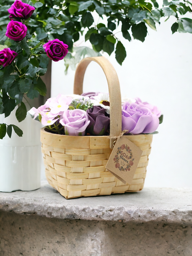 Large bouquet of lilacs in a wicker basket