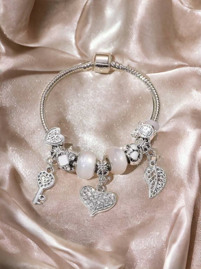 Heart & Key & Leaf Charm Armband, Perlen, Damen tägliche Kleidung