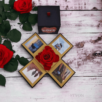 Personalisierte Box, 4 Fotos, konservierte rote Rose, Rosenduft - Styon