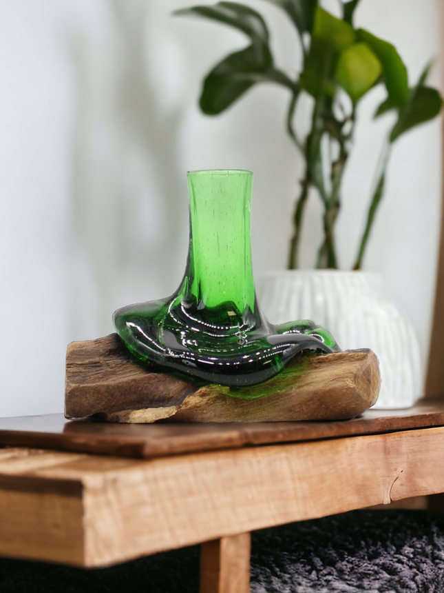 Recycled beer bottles - mini flower vase on wood