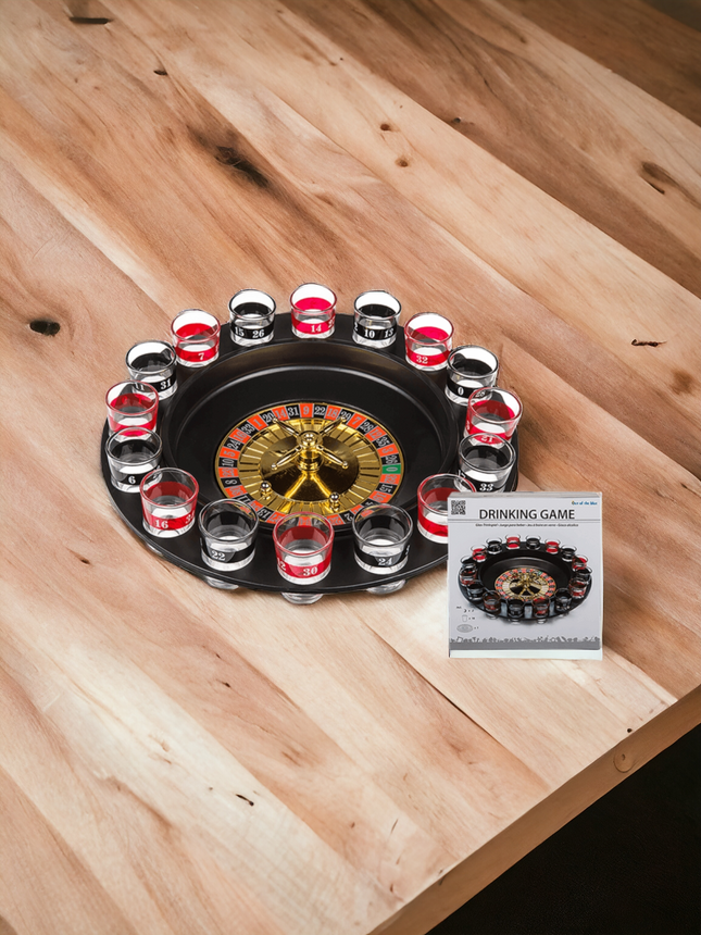 Trinkspiel, Roulette, mit 16 Gläsern und 2 Kugeln