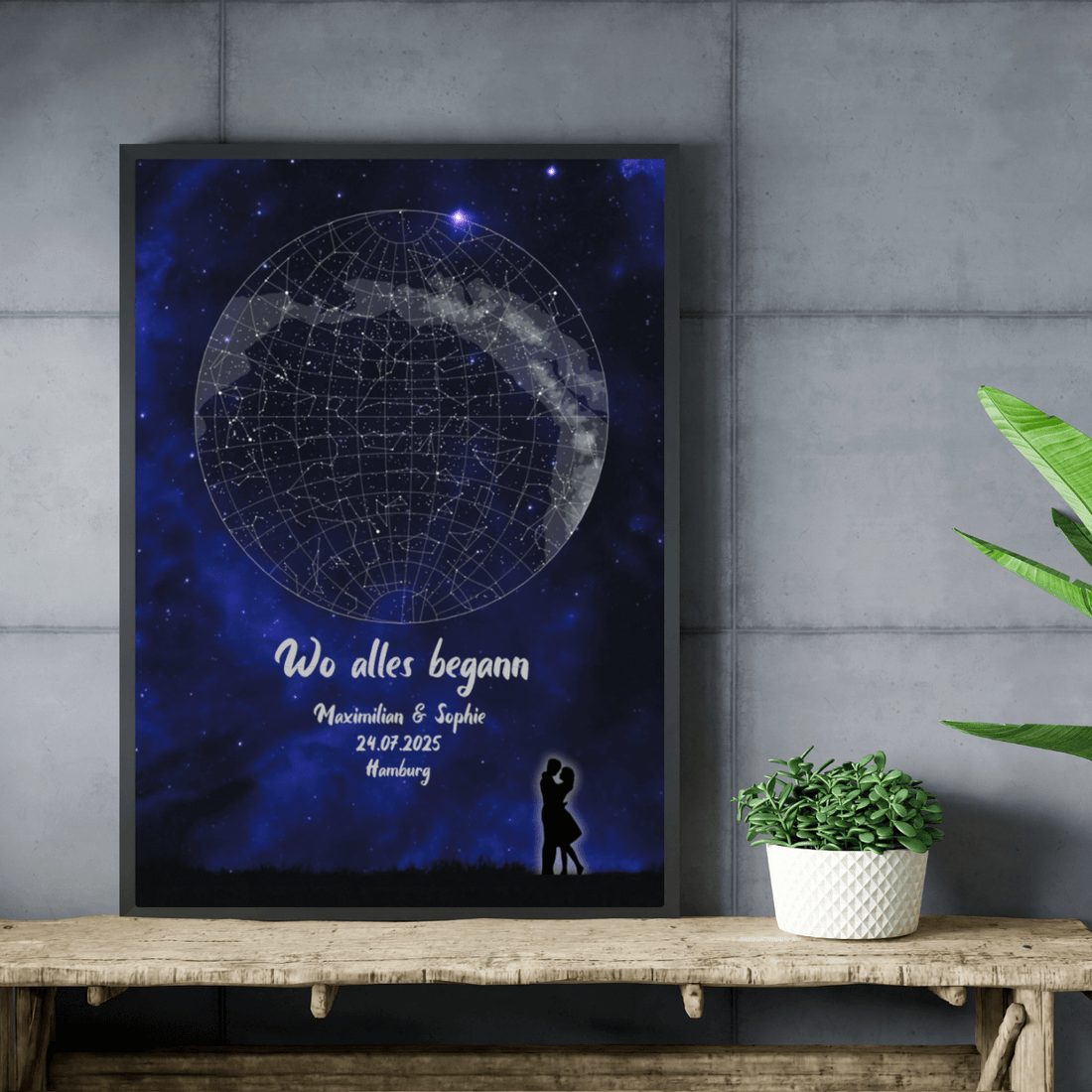 Personalisierte Sternenkarte „Wo alles begann“ mit Sternenhimmel, Wunschtext, Datum und Ort – einzigartiges Geschenk für Paare, wahlweise mit oder ohne Silhouette