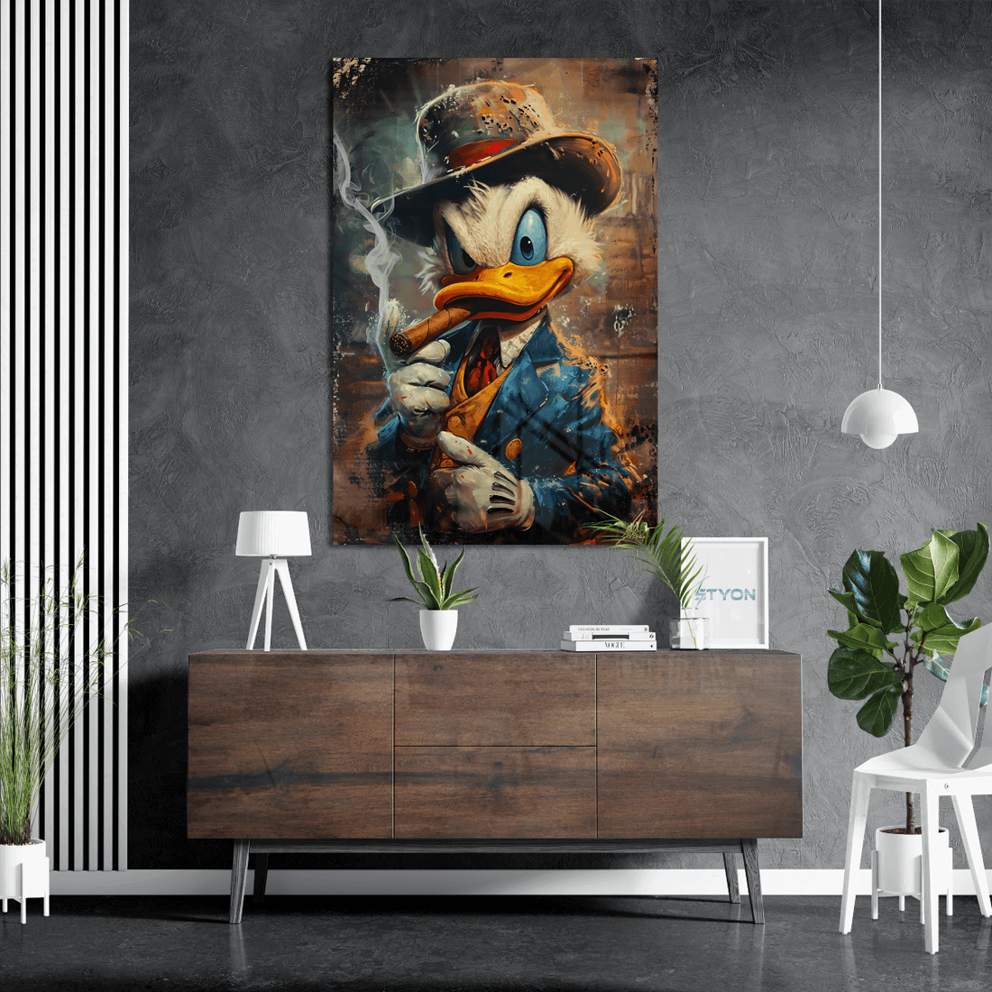 Gangster Duck als personalisiertes Wandbild auf Leinwand für moderne Wanddekoration und stilvolle Geschenkidee.