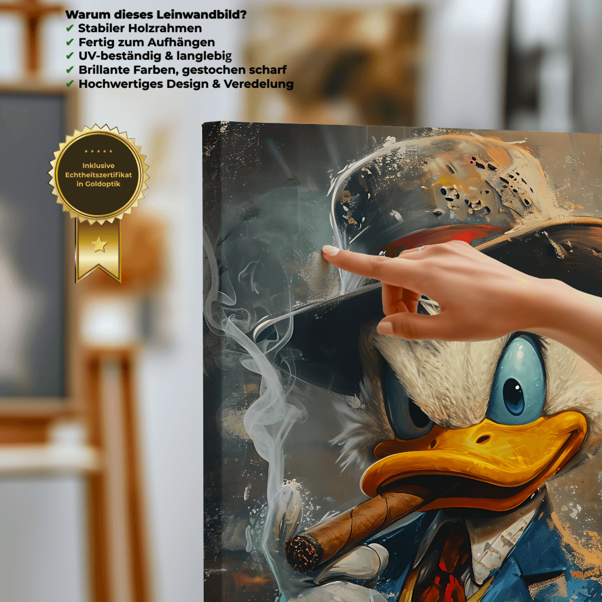 Gangster Duck Leinwandbild mit stabilem Holzrahmen und brillanten Farben, perfekte moderne Wanddekoration.