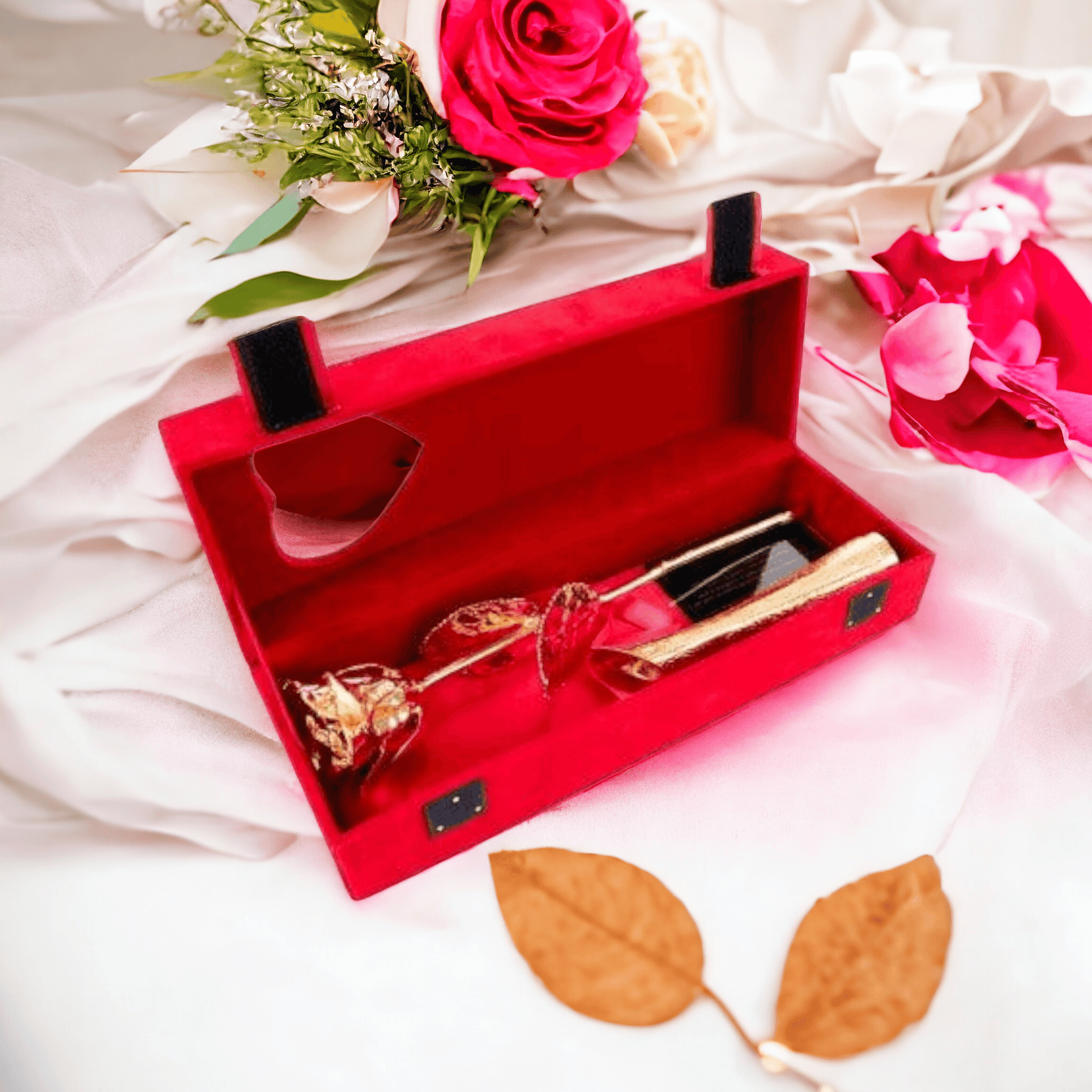 Goldene Rose mit goldener Vase, rote Geschenkbox,Geburtstag - Styon