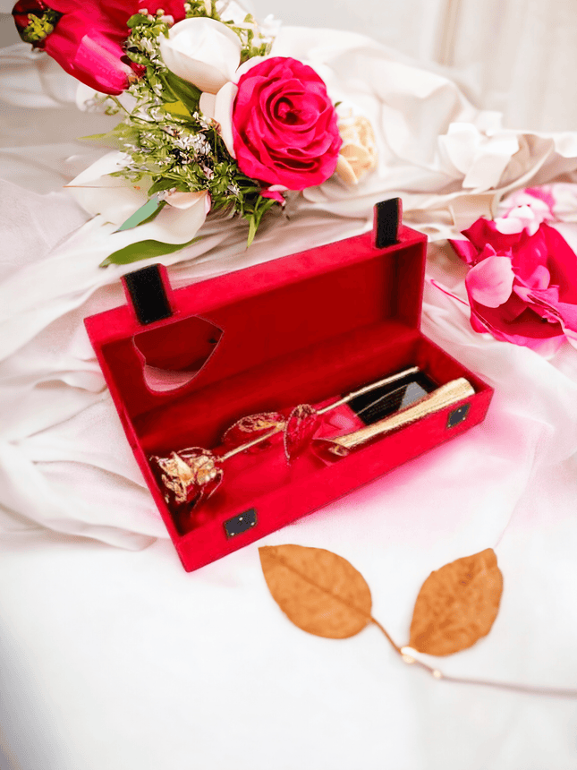 Goldene Rose mit goldener Vase, rote Geschenkbox,Geburtstag - Styon