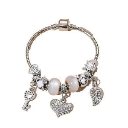 Heart & Key & Leaf Charm Armband, Perlen, Damen tägliche Kleidung - Styon