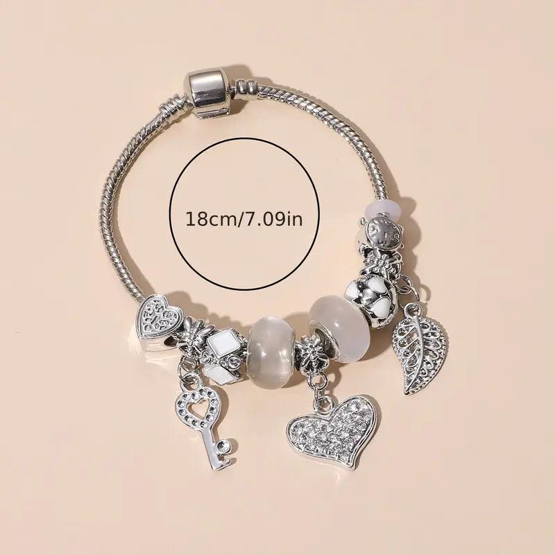 Heart & Key & Leaf Charm Armband, Perlen, Damen tägliche Kleidung - Styon