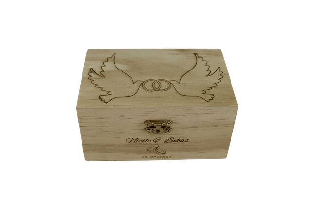 Hochzeitsbox aus Holz Tauben, Ringe und personalisierte Daten - Styon
