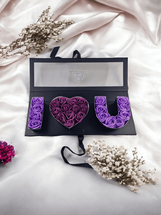Ich liebe dich Geschenkbox Schwarz mit Fenster violette Rosen - Styon