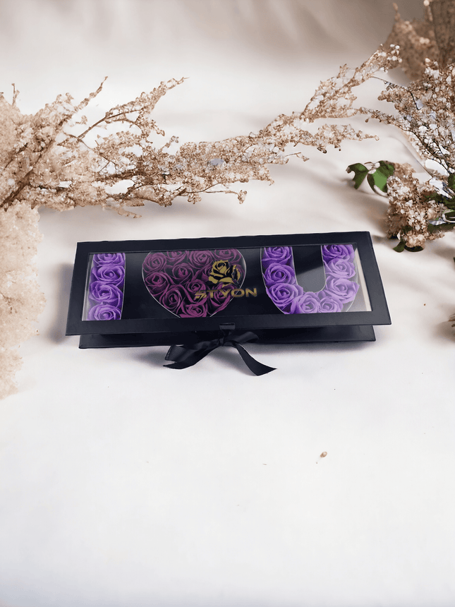 Ich liebe dich Geschenkbox Schwarz mit Fenster violette Rosen - Styon