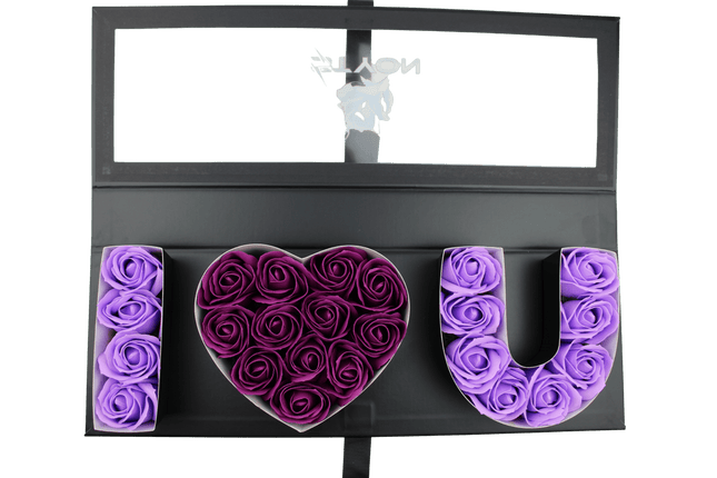 Ich liebe dichGeschenkbox Schwarz mit Fenster violette Rosen - Styon