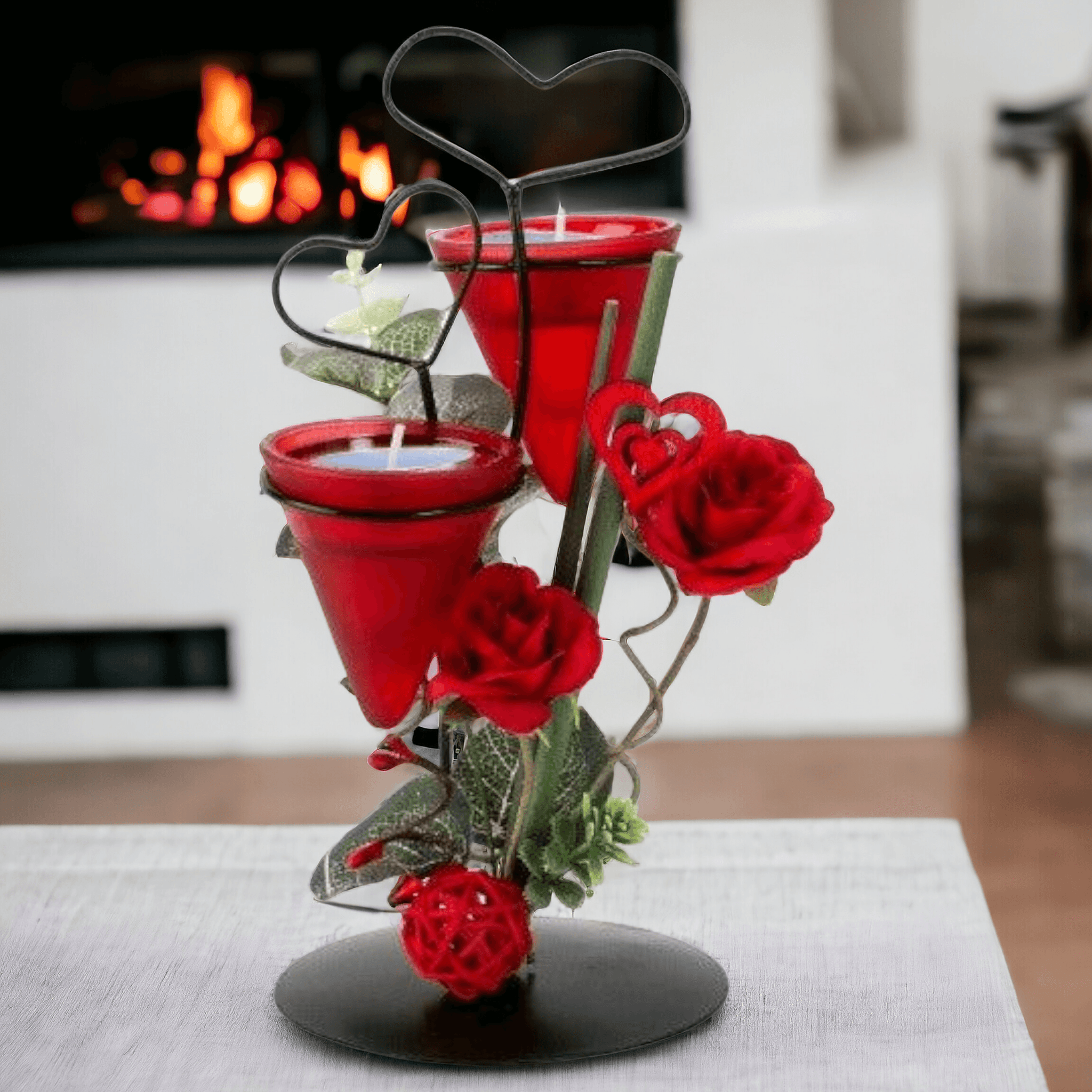 Metalldeko mit roten Rosen, Teelichter - Styon