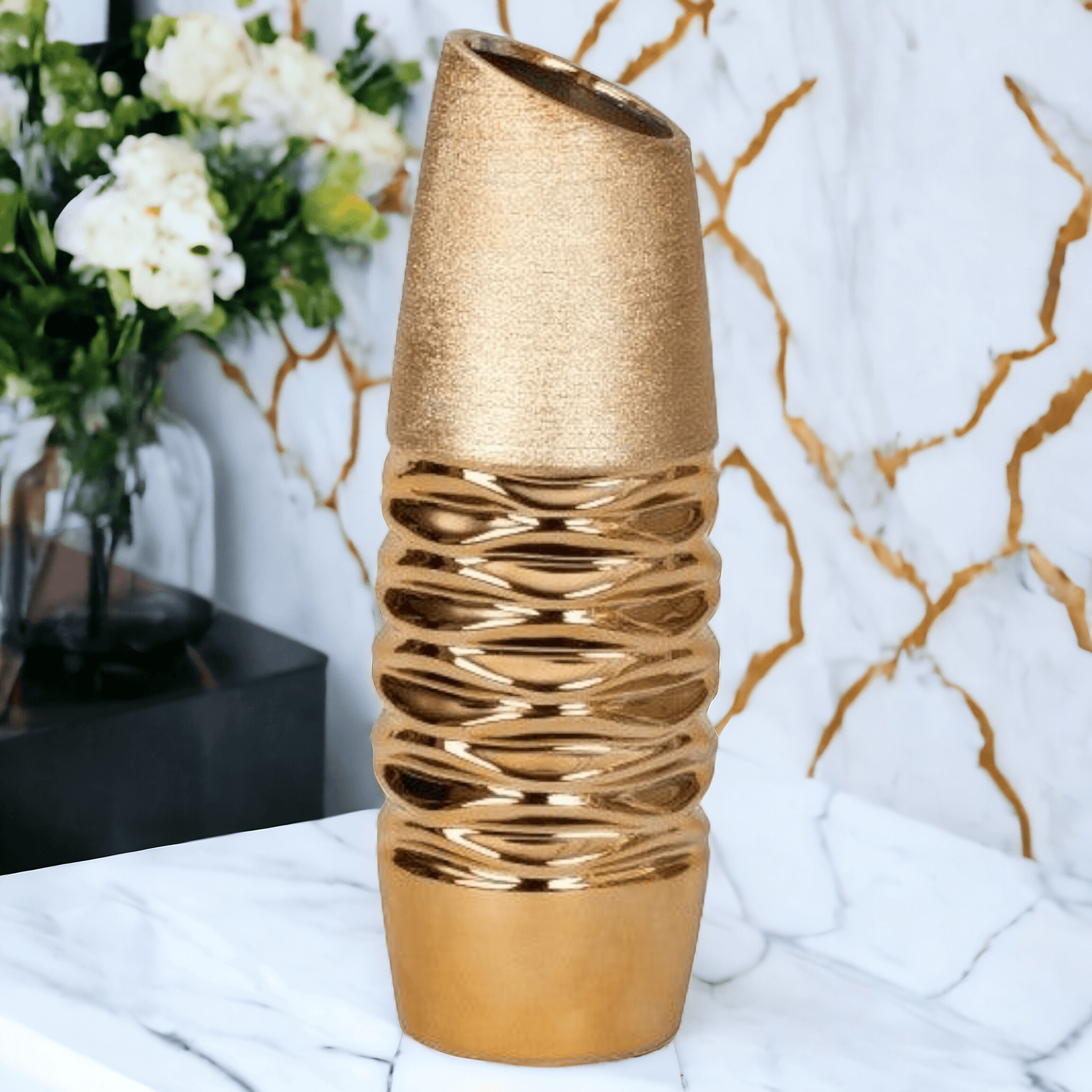 Moderne runde Vase gold/creme,Material: Keramik,Farbe gold - Styon