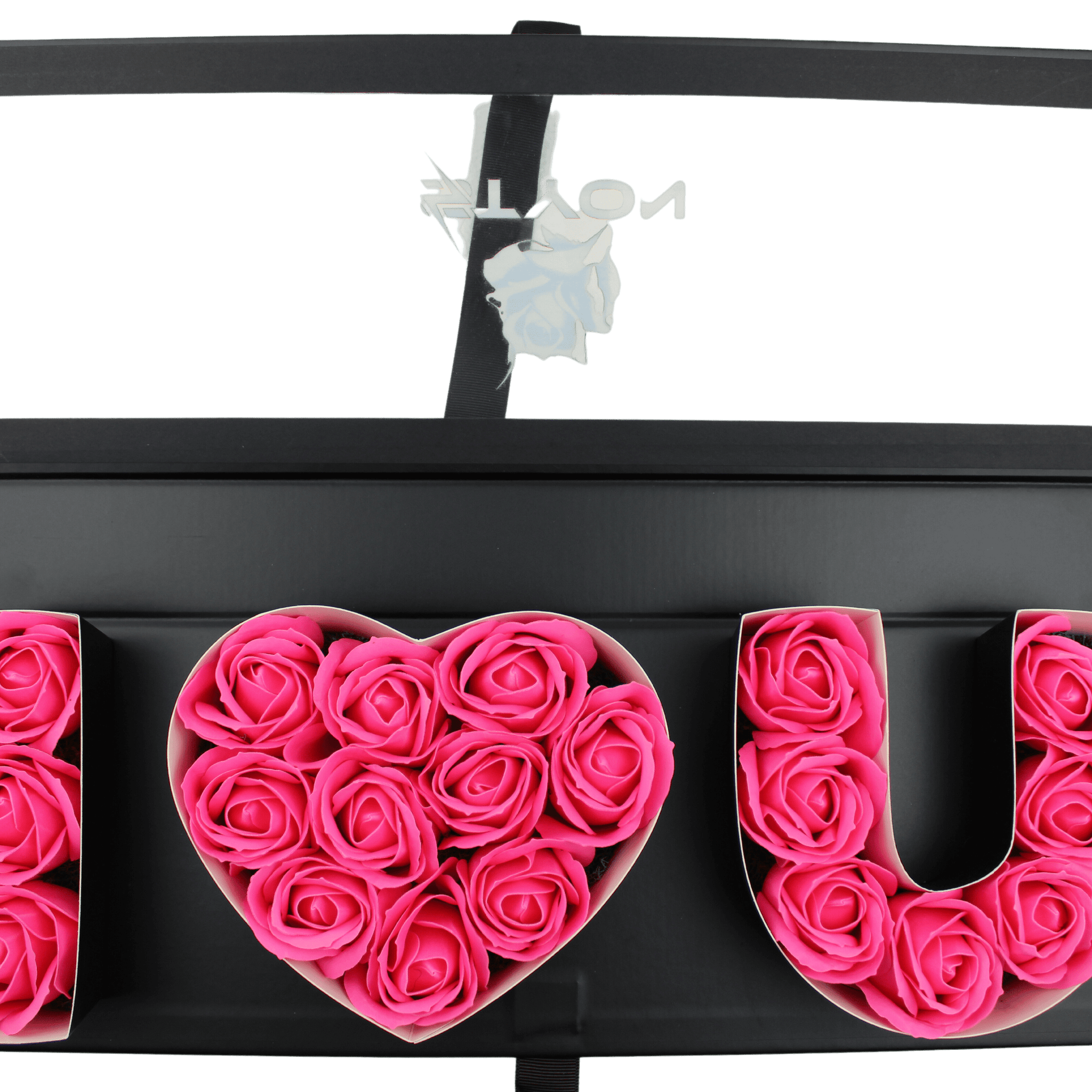 Schwarze Ich liebe dich Box mit Fenster und rosa Seifenrosen - Styon