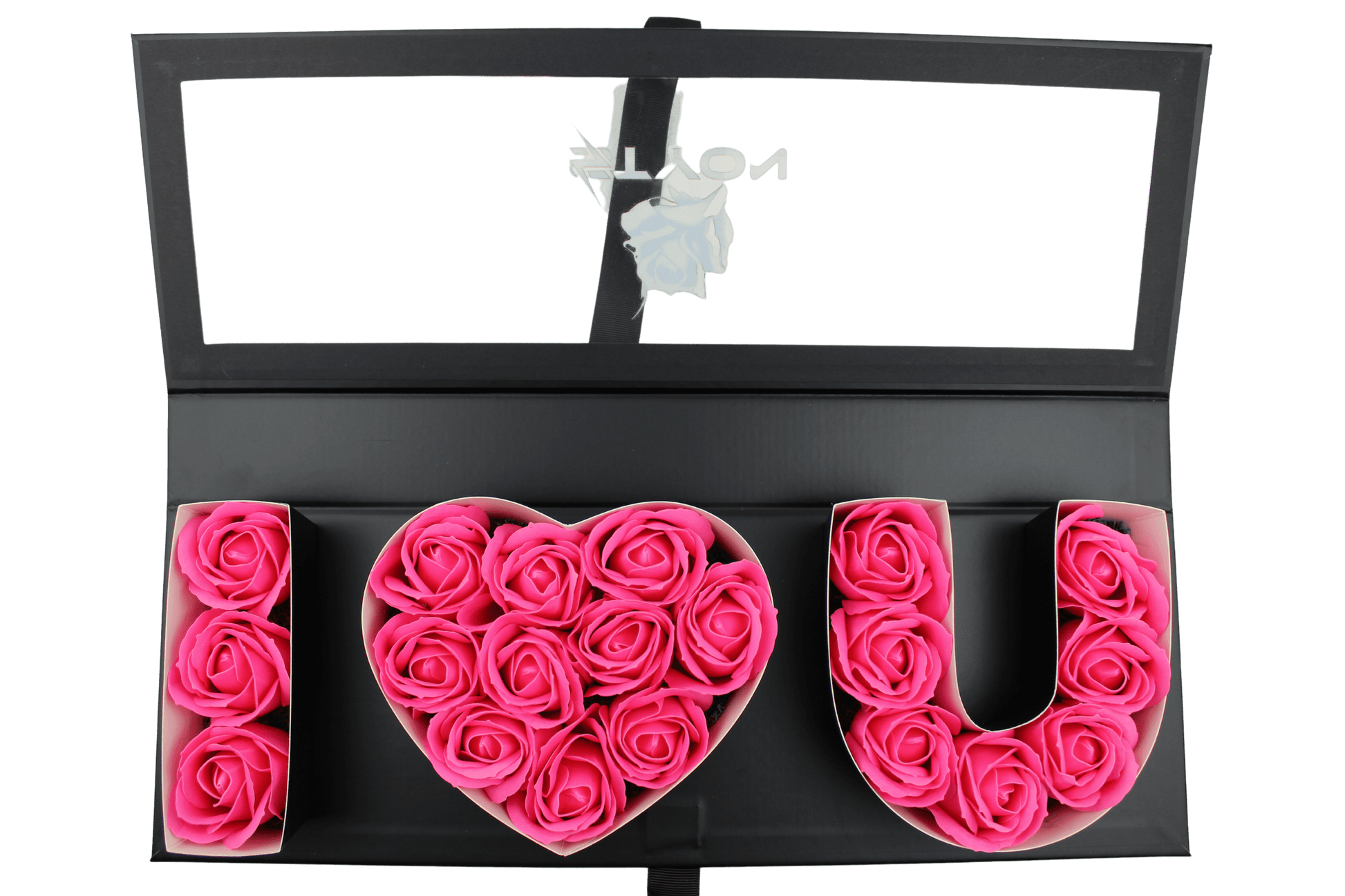 Schwarze Ich liebe dich Box mit Fenster und rosa Seifenrosen - Styon