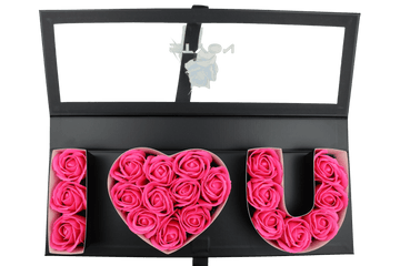 Schwarze Ich liebe dich Box mit Fenster und rosa Seifenrosen - Styon