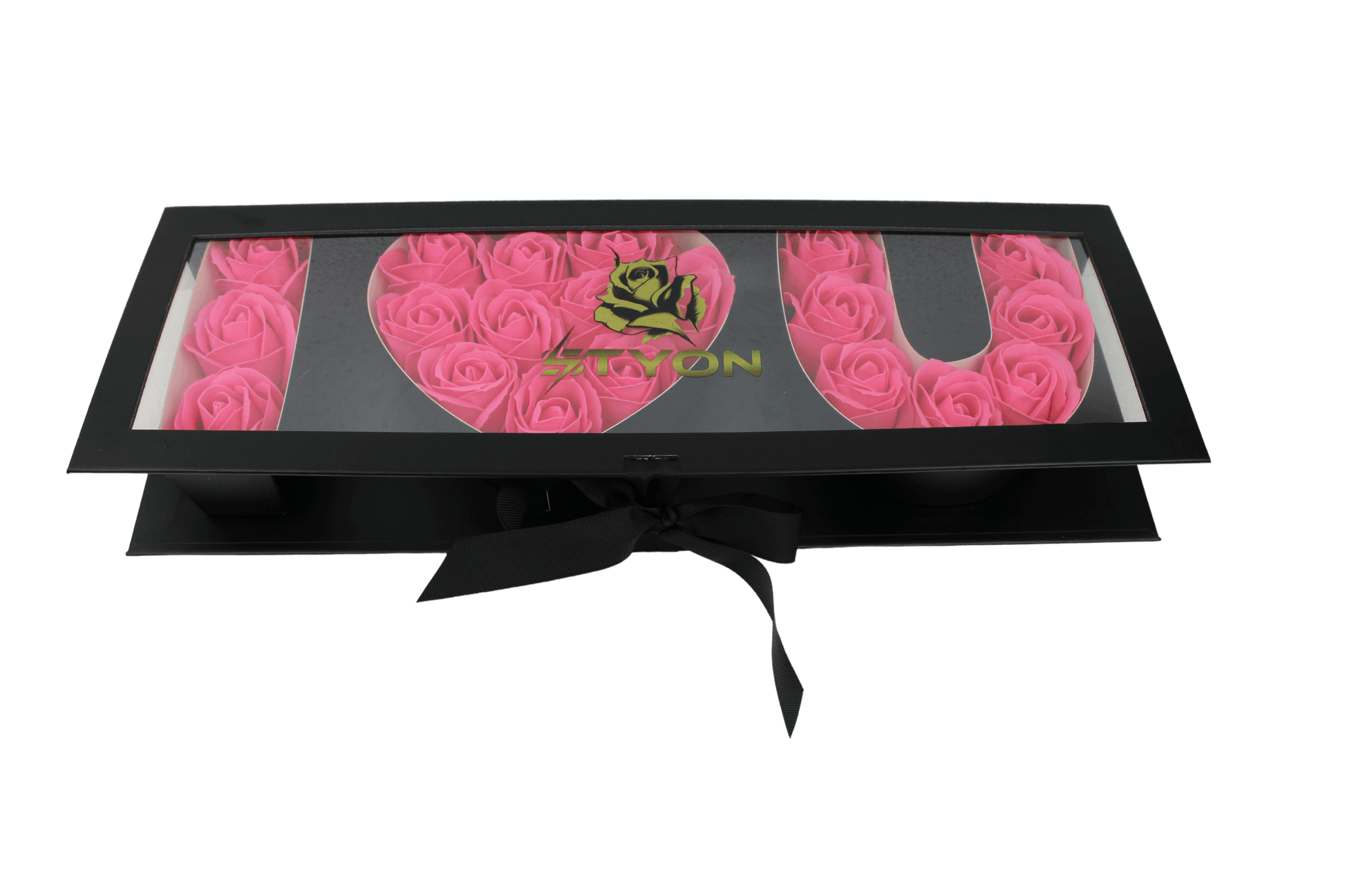 Schwarze Ich liebe dich Box mit Fenster und rosa Seifenrosen - Styon