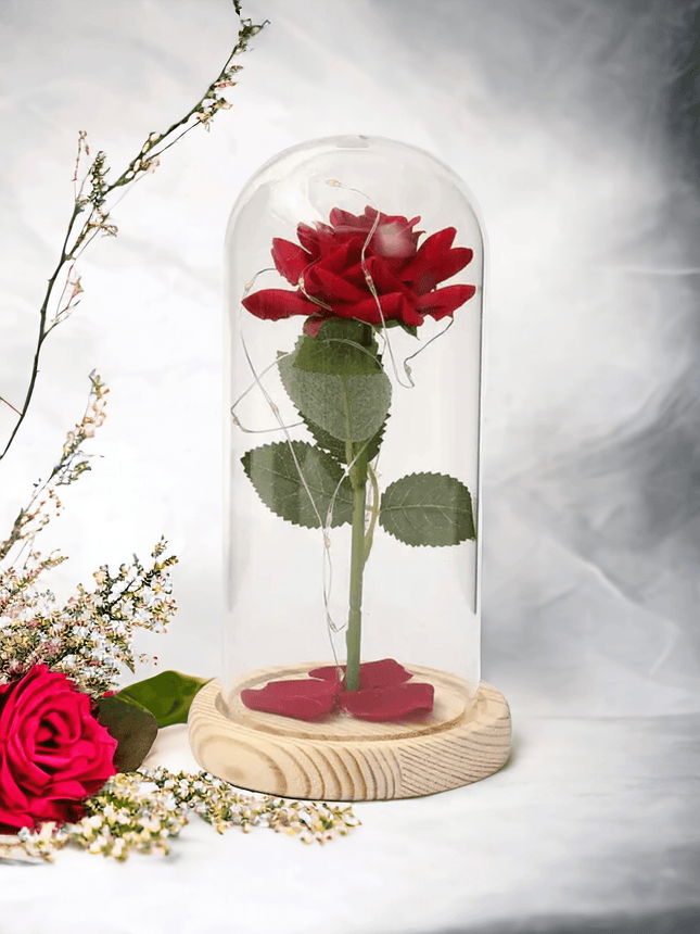 Unsterbliche rote Rosenblüte Glasabdeckung Holzständer - Styon