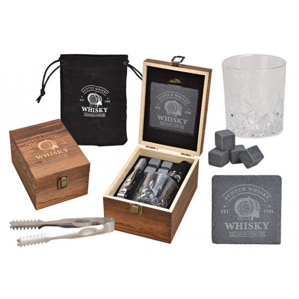 Whisky Set mit einem Glas, Basaltstein mit Zange in Holzkiste - Styon